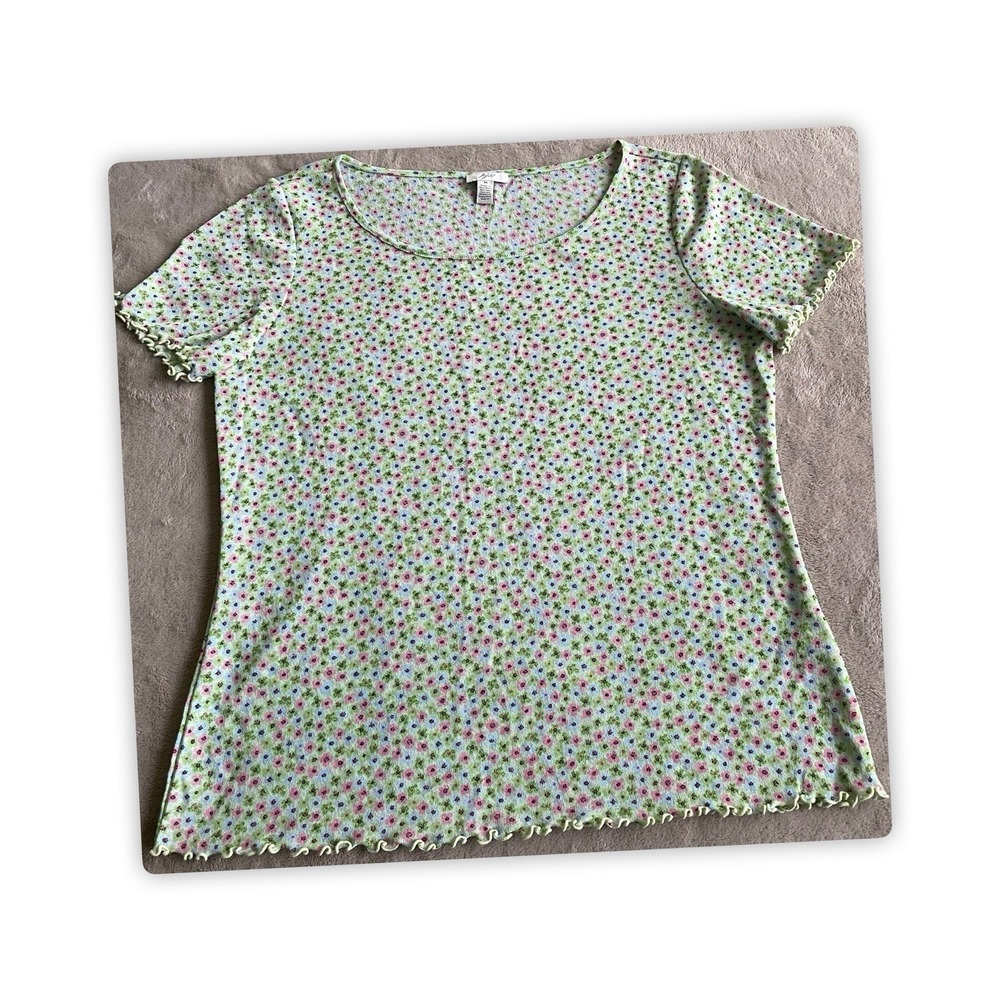 J. Jill Women's Floral Short Sleeve Lettuce Hem Knit Top Green Pink Size M